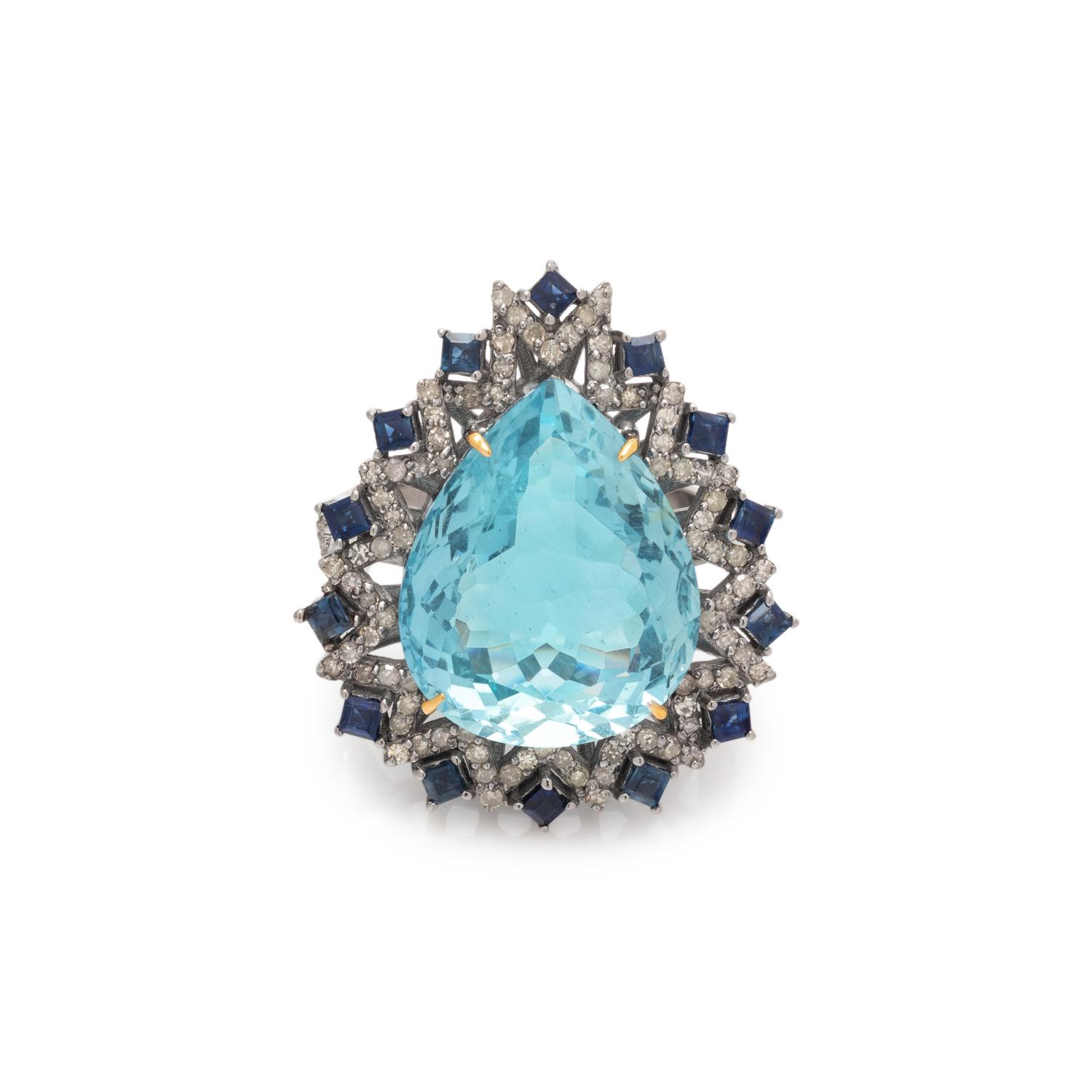 AQUAMARINE, SAPPHIRE AND DIAMOND RING