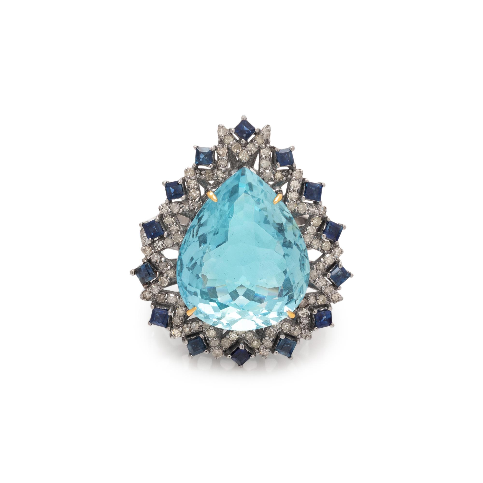 AQUAMARINE, SAPPHIRE AND DIAMOND RING