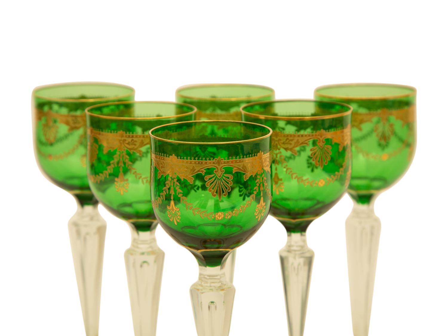 Eleven Bohemian Gilt Decorated Green Glass Clear Stemmed Wines — 19th/20th Century