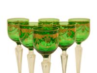 Eleven Bohemian Gilt Decorated Green Glass Clear Stemmed Wines — 19th/20th Century