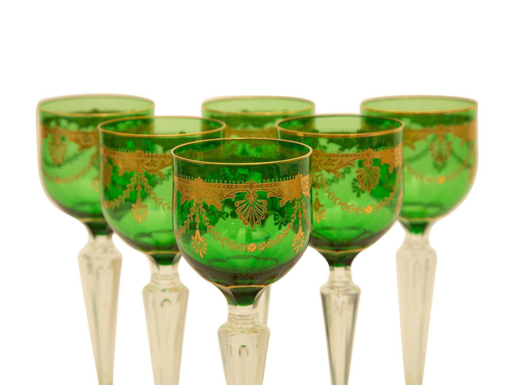 Eleven Bohemian Gilt Decorated Green Glass Clear Stemmed Wines — 19th/20th Century