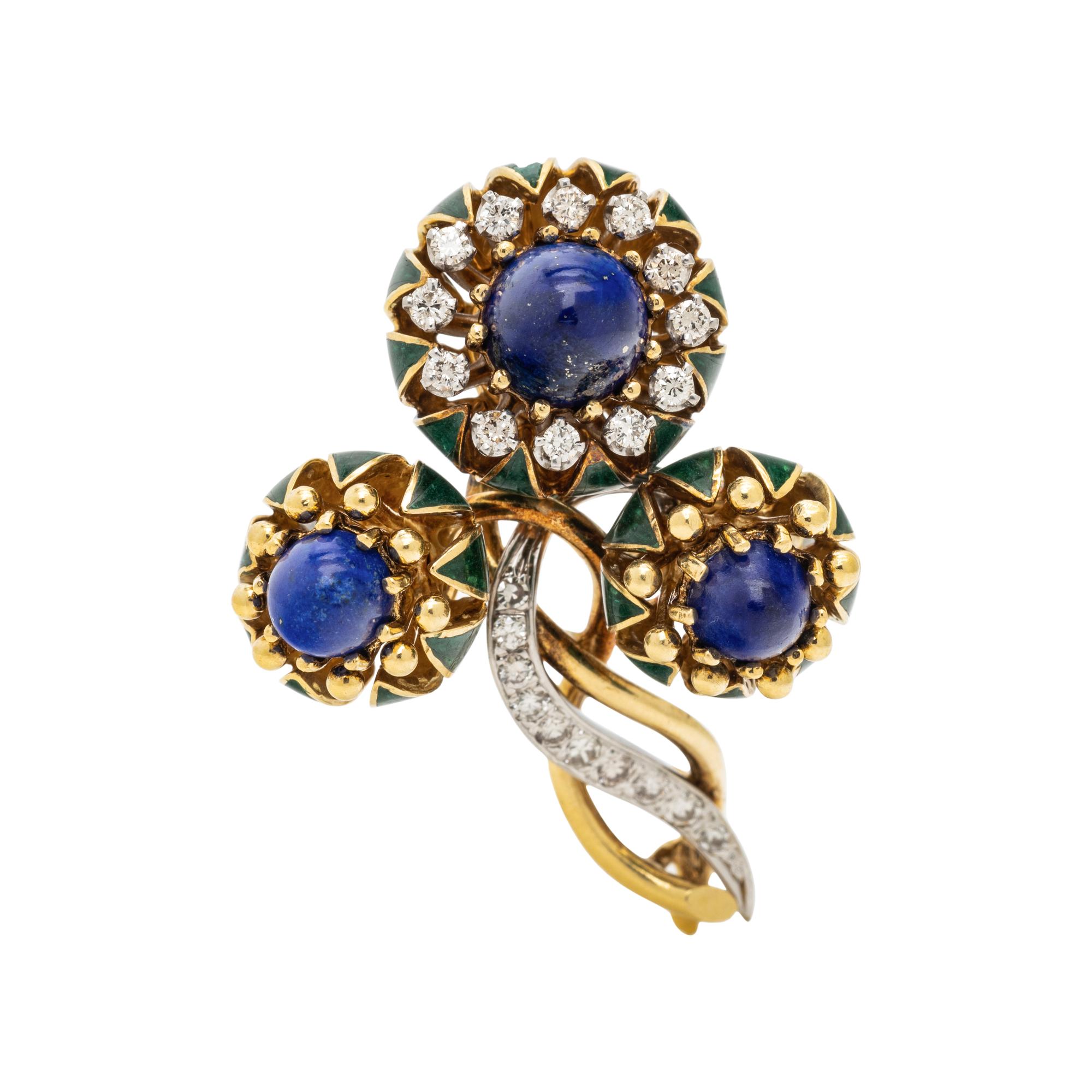 LA TRIOMPHE, BICOLOR GOLD, LAPIS LAZULI, DIAMOND AND ENAMEL BROOCH