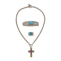 Effy, Sterling Silver and Multigem Bangle Bracelet, Ring, and Cross Pendant Necklace