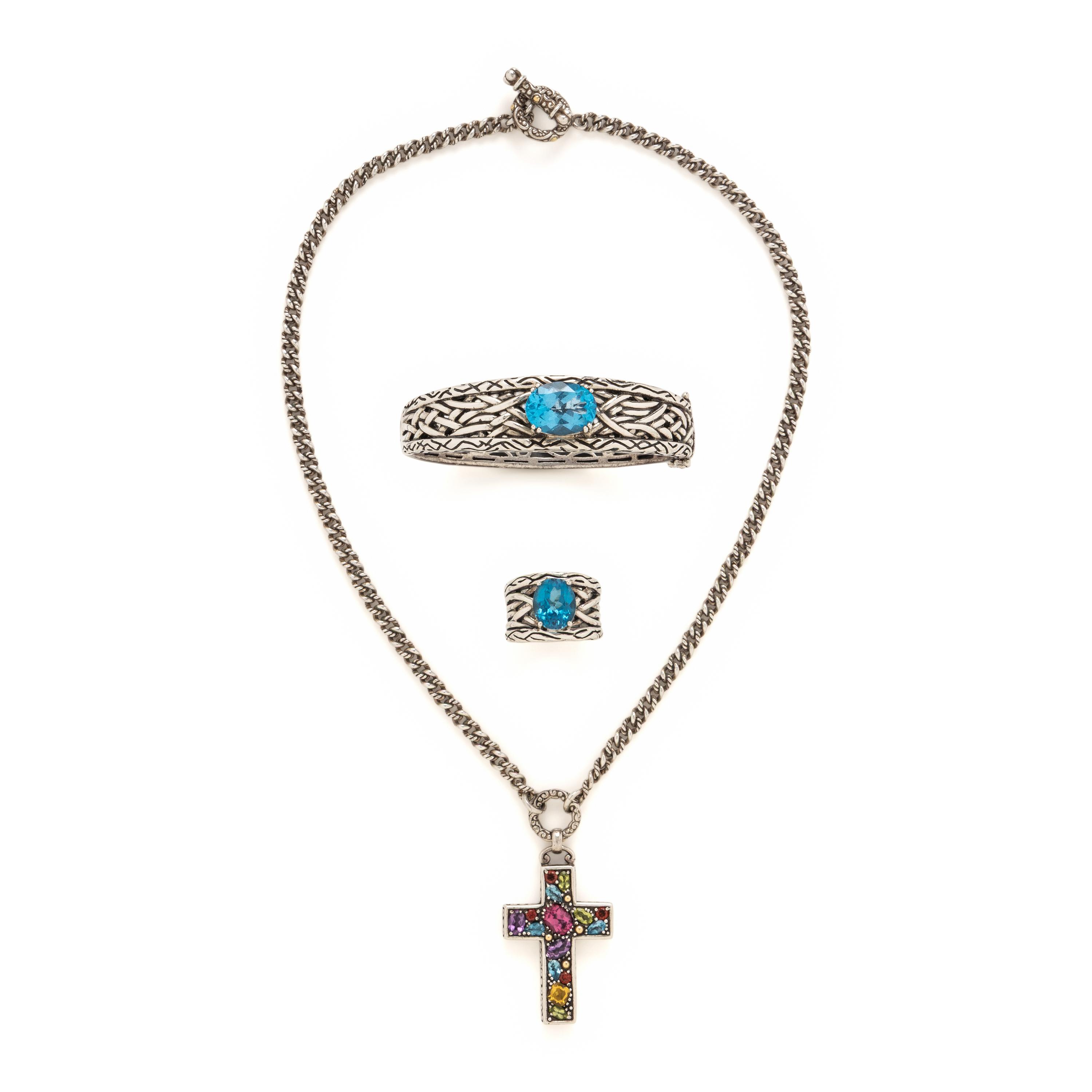 Effy, Sterling Silver and Multigem Bangle Bracelet, Ring, and Cross Pendant Necklace
