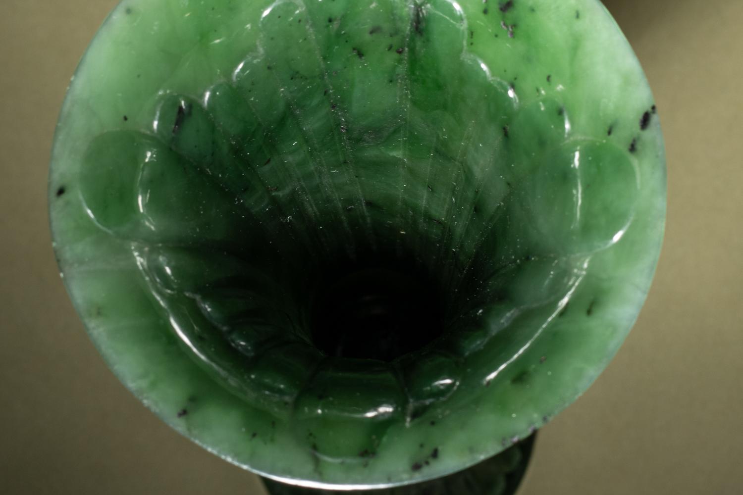 A Pair of Spinach Jade Gu Vases