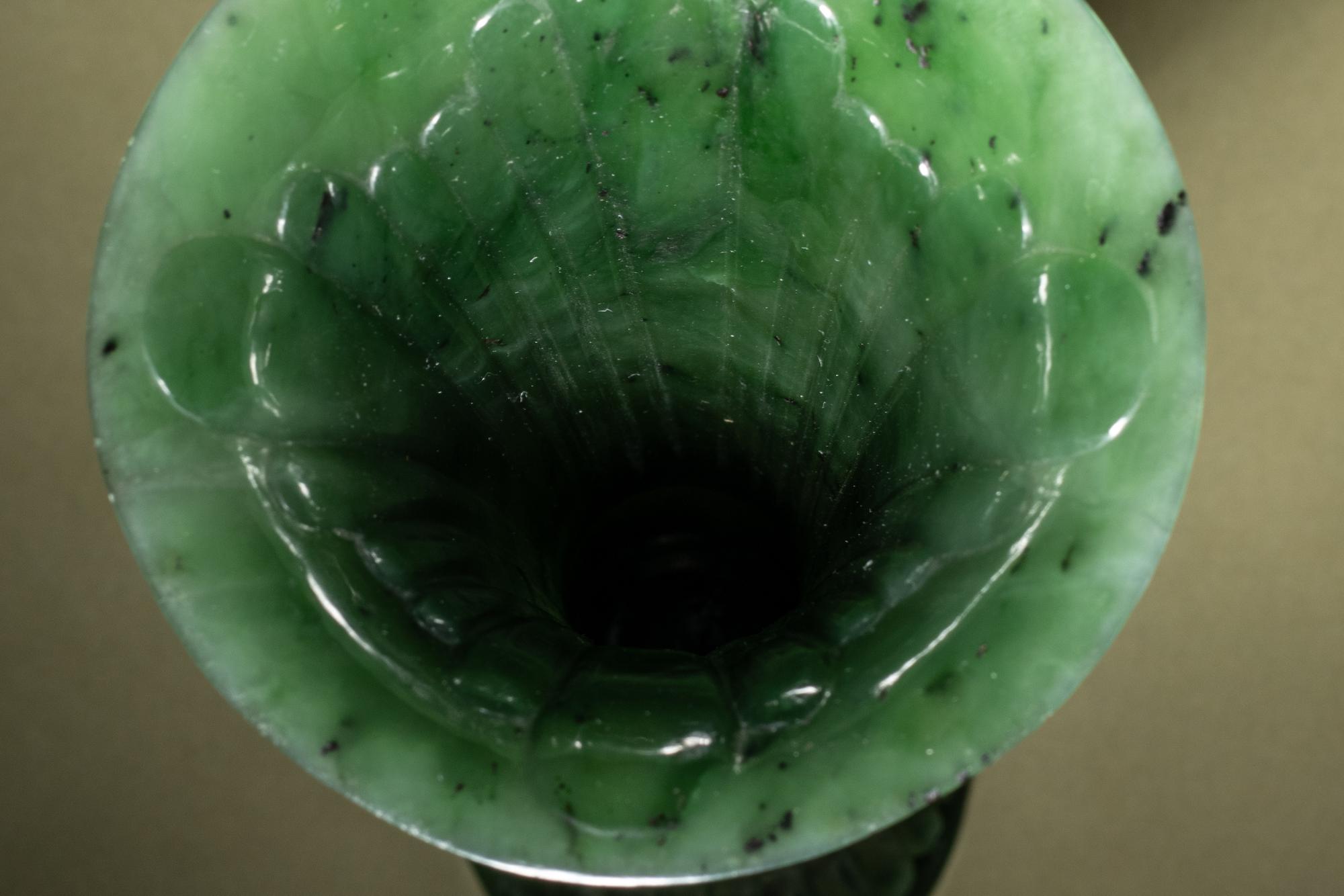 A Pair of Spinach Jade Gu Vases
