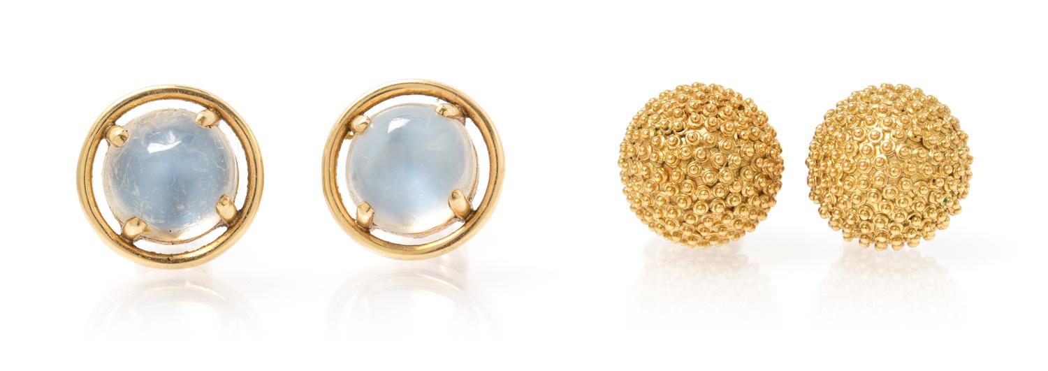 A Collection of Yellow Gold and Gemstone Earrings, 6.60 dwts.