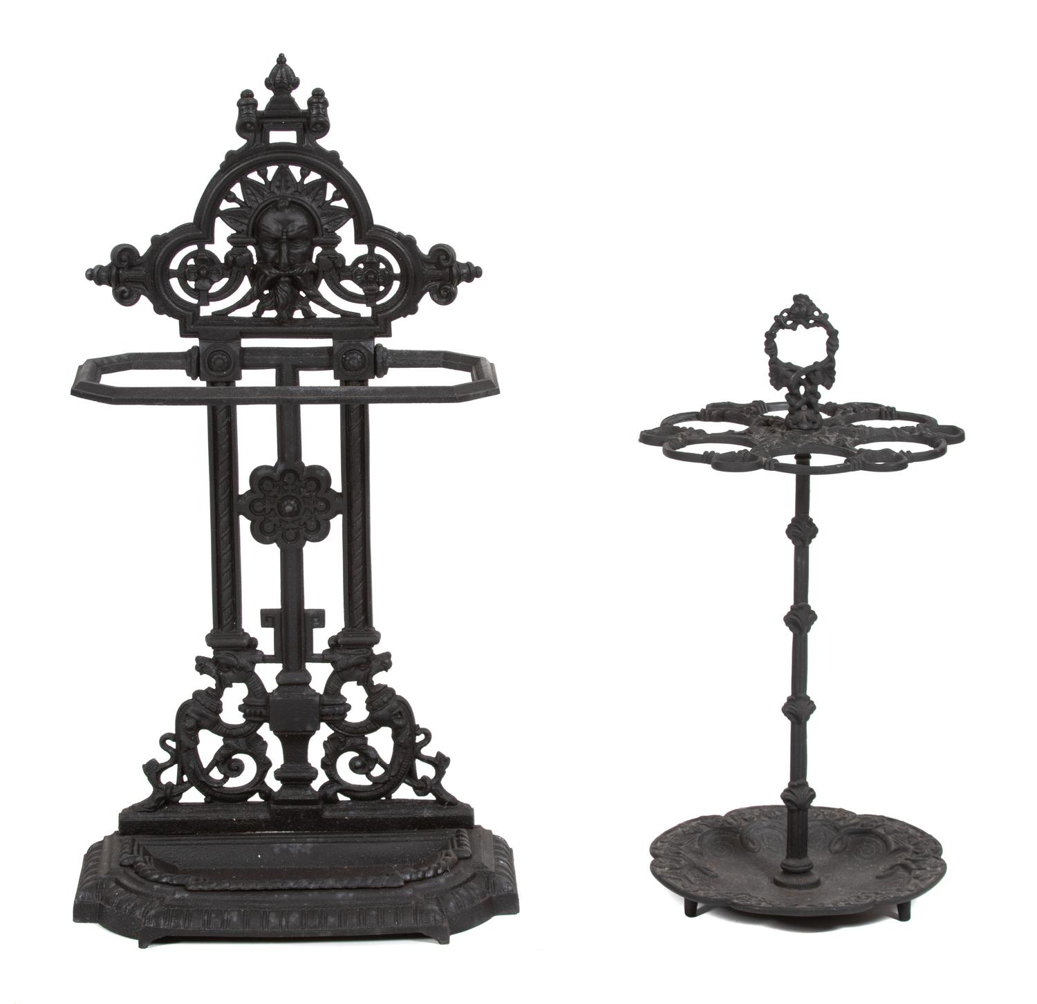 Two Victorian Style Cast Iron Umbrella Stands Height of largest 32 inches. — EARLY 20TH CENTURY