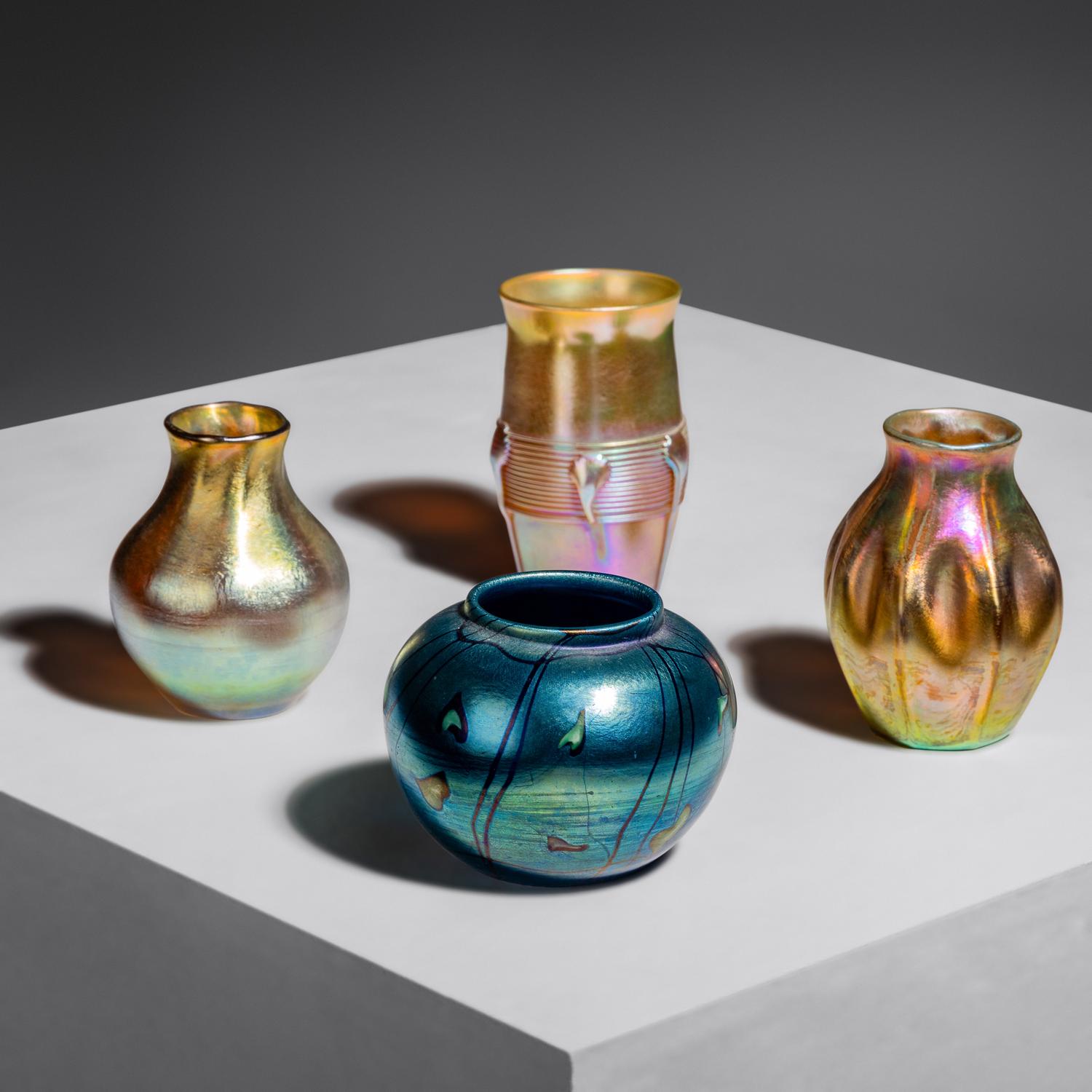 Group of Four Favrile Glass Cabinet Vases, c. 1910 Tiffany Studios