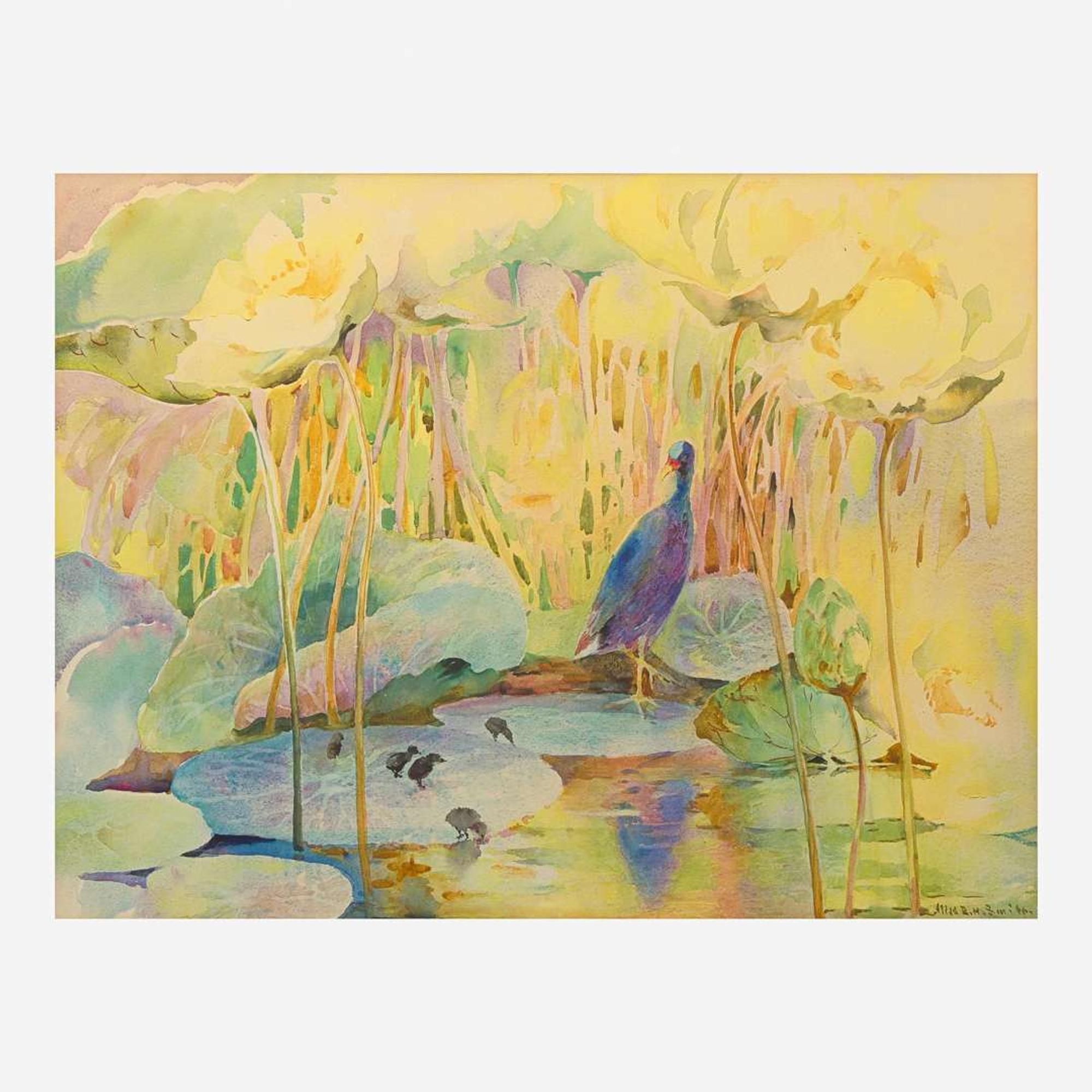 Lilliad R. Smith (American, 20th Century) Purple Gallinule Among Lotuses
