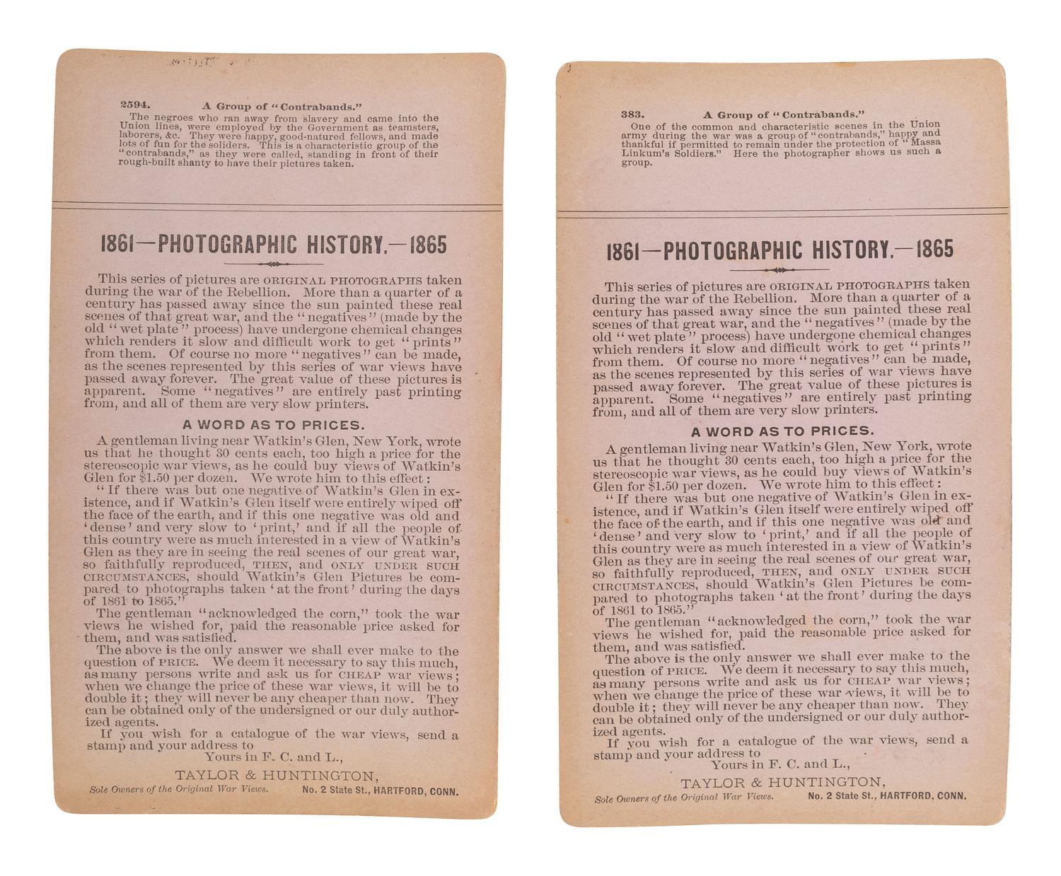 [CIVIL WAR]. A group of 6 stereoviews featuring African American subjects, incl. "contrabands" and soldiers. Hartford, CT: Taylor & Huntington, ca 1890s.