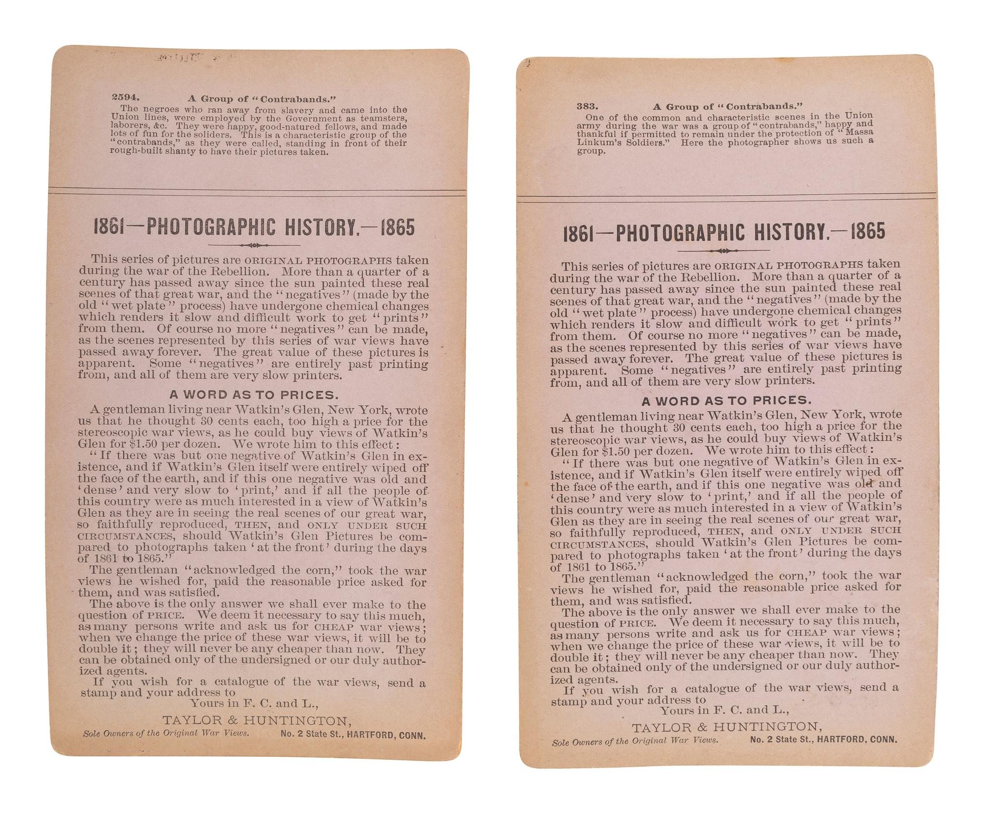 [CIVIL WAR]. A group of 6 stereoviews featuring African American subjects, incl. "contrabands" and soldiers. Hartford, CT: Taylor & Huntington, ca 1890s.