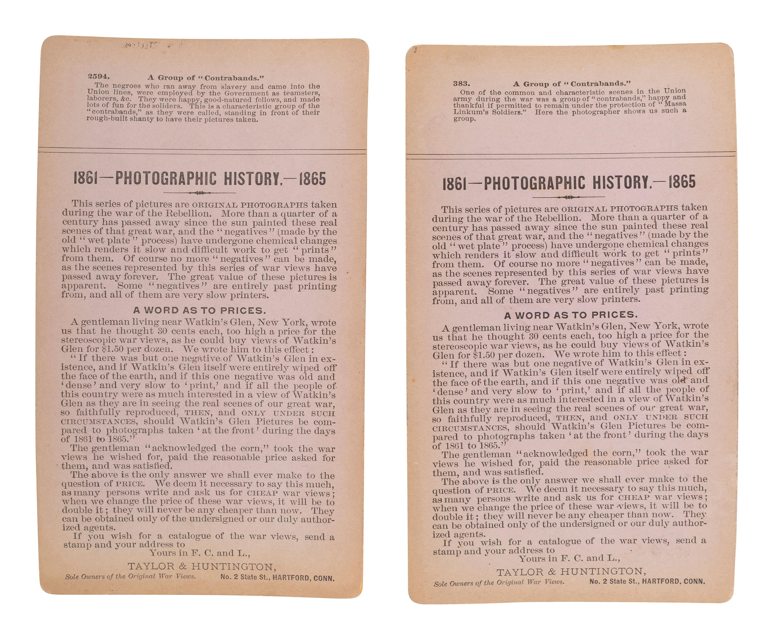 [CIVIL WAR]. A group of 6 stereoviews featuring African American subjects, incl. "contrabands" and soldiers. Hartford, CT: Taylor & Huntington, ca 1890s.