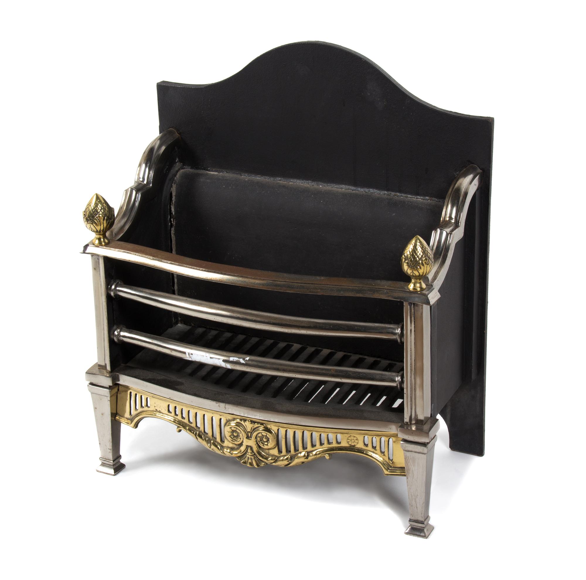 A Silvered Metal and Iron Fire Grate Height 23 x width 20 1/2 x depth 11 1/2 inches.