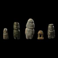 Four Mezcala Greenstone Standing Figures and a Temple