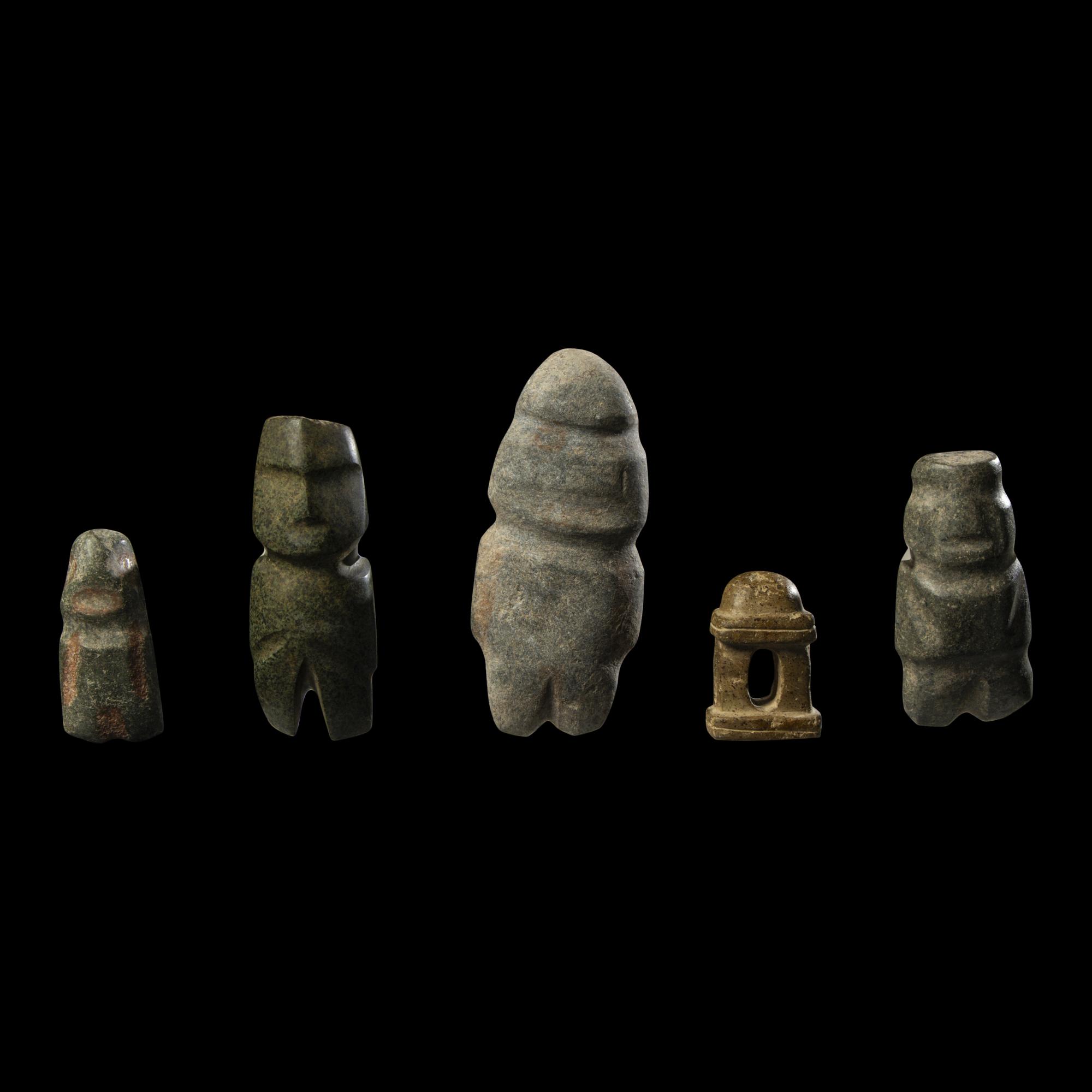 Four Mezcala Greenstone Standing Figures and a Temple