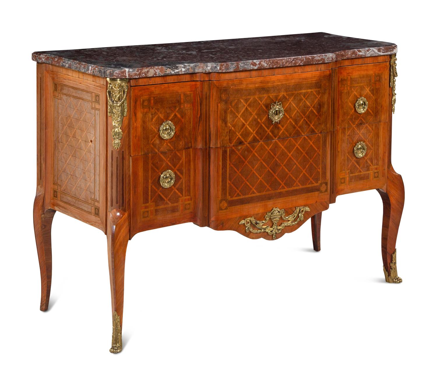 A Louis XV/XVI Transitional Parquetry Marble-Top Commode