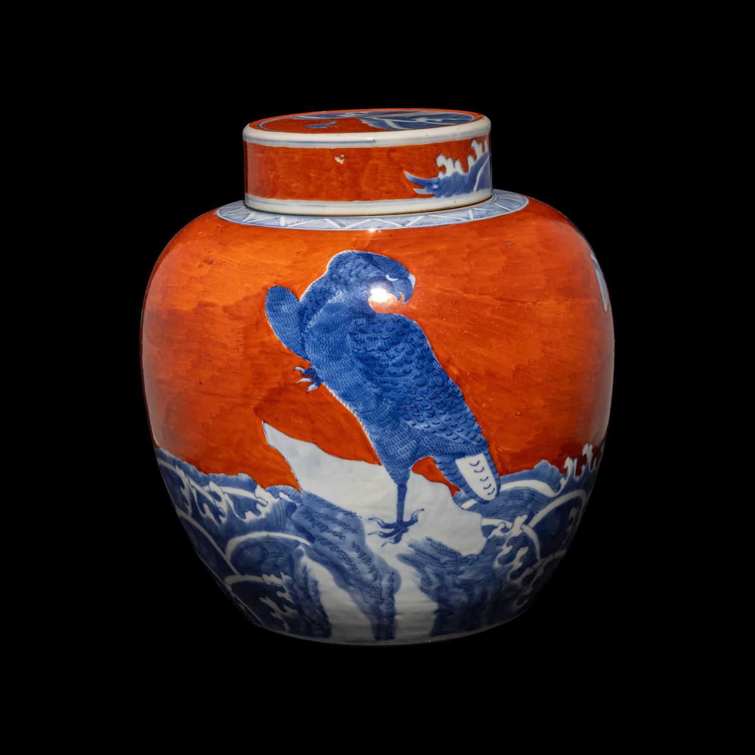 A Chinese Coral-Red Ground Underglaze Blue Porcelain Covered Ginger Jar, 18th Century 清中期 珊瑚紅地青花瑞獸圖蓋罐