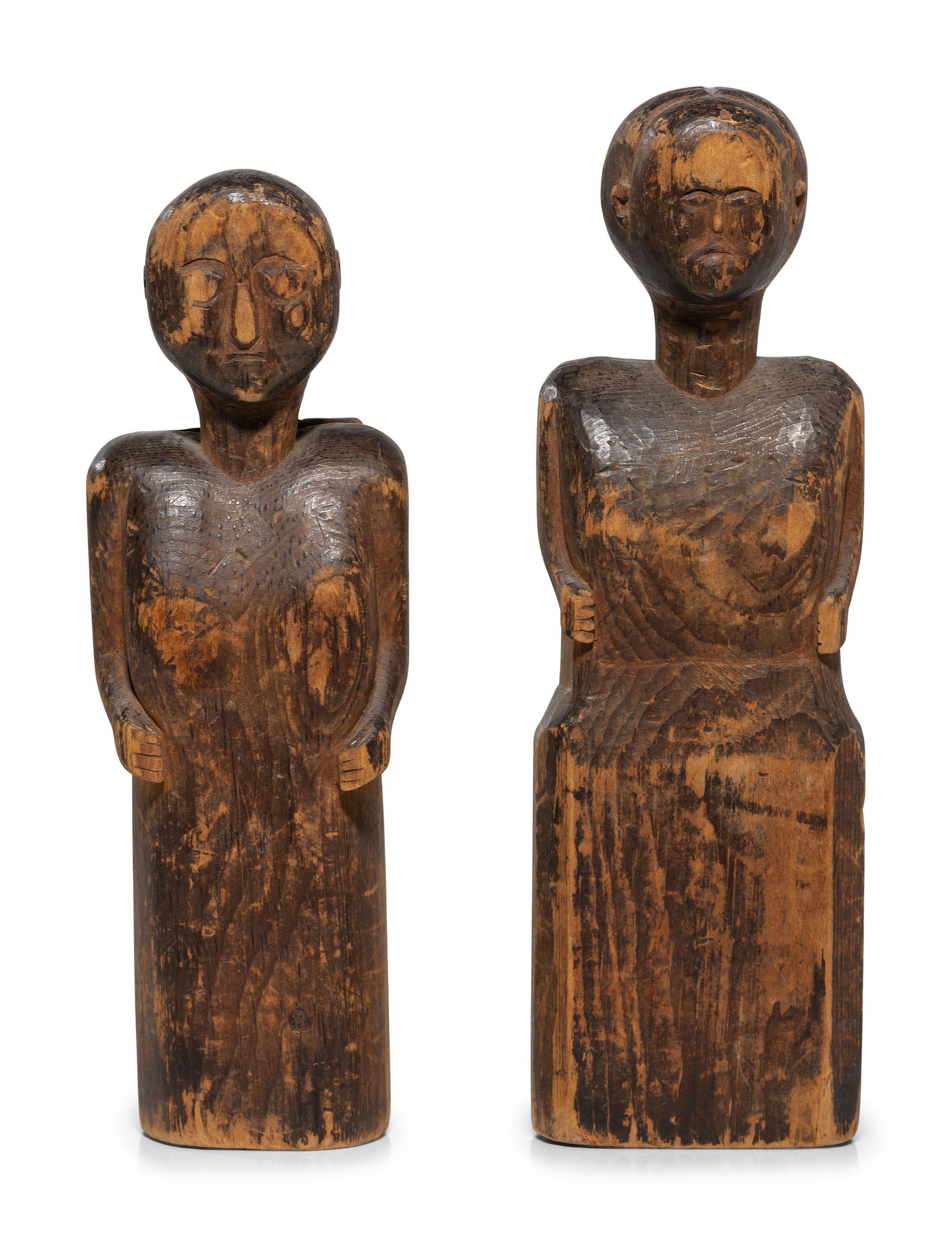 Two Carved Pine "Bedpost" Dolls
