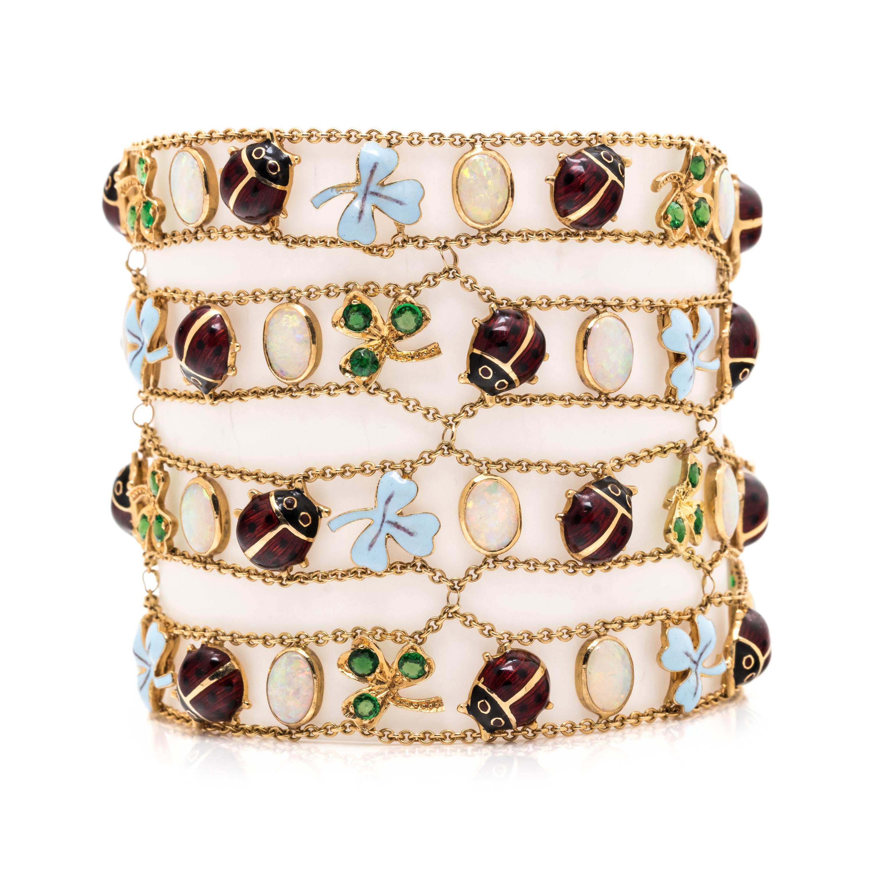 EVELYN CLOTHIER, YELLOW GOLD, ENAMEL, GEMSTONE AND DIAMOND BRACELET