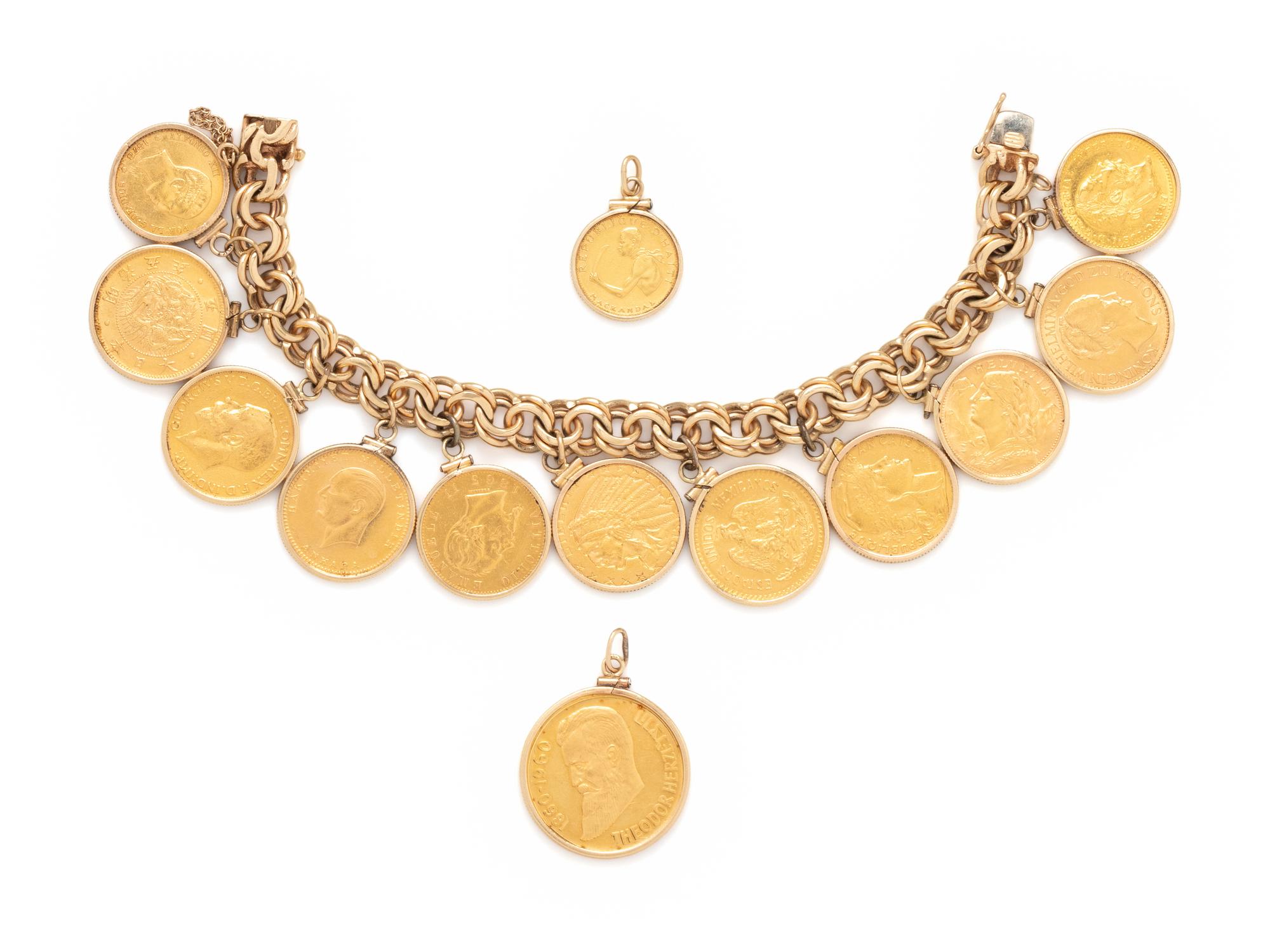 YELLOW GOLD AND COIN CHARM BRACELET