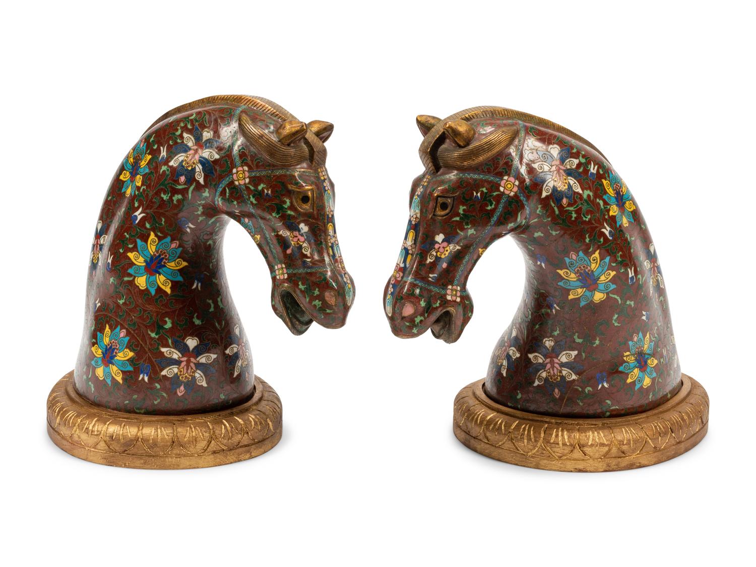 A Pair of Chinese Export Cloisonné Horse Heads on Wood Bases