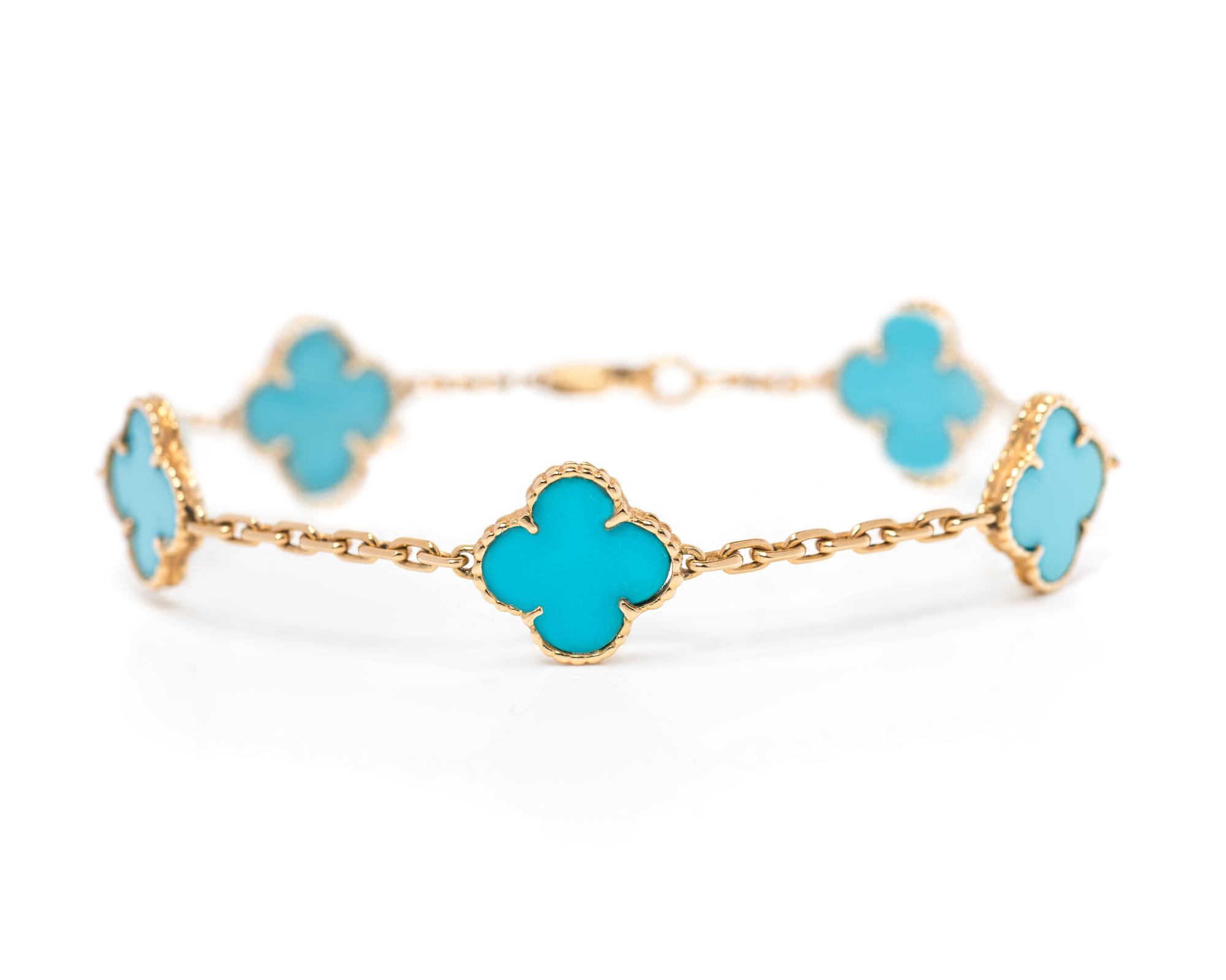 VAN CLEEF & ARPELS, YELLOW GOLD AND TURQUOISE 'ALHAMBRA' BRACELET