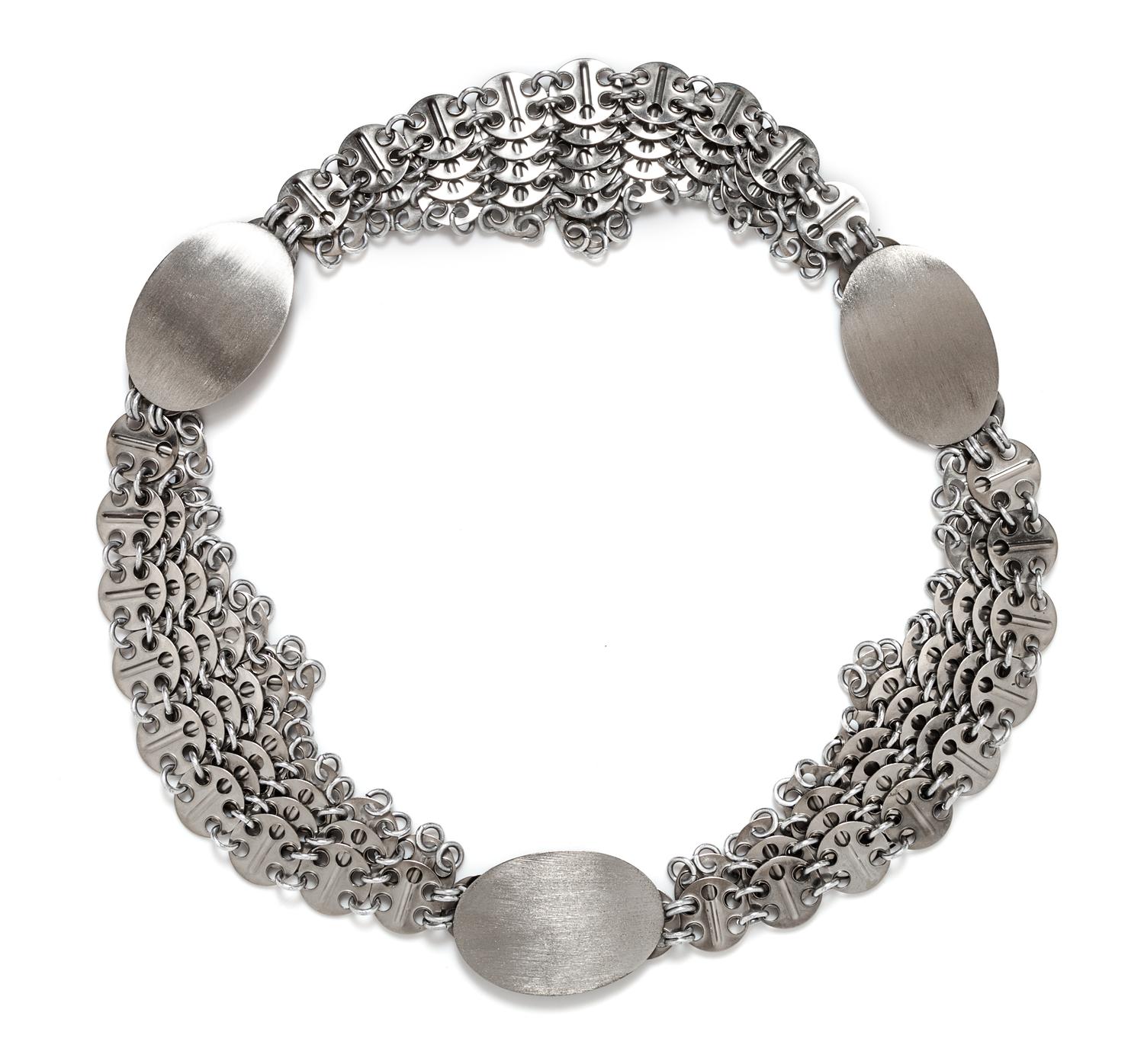 A Paco Rabanne Silvertone Chainmail Belt, 33.75" x 3.5".