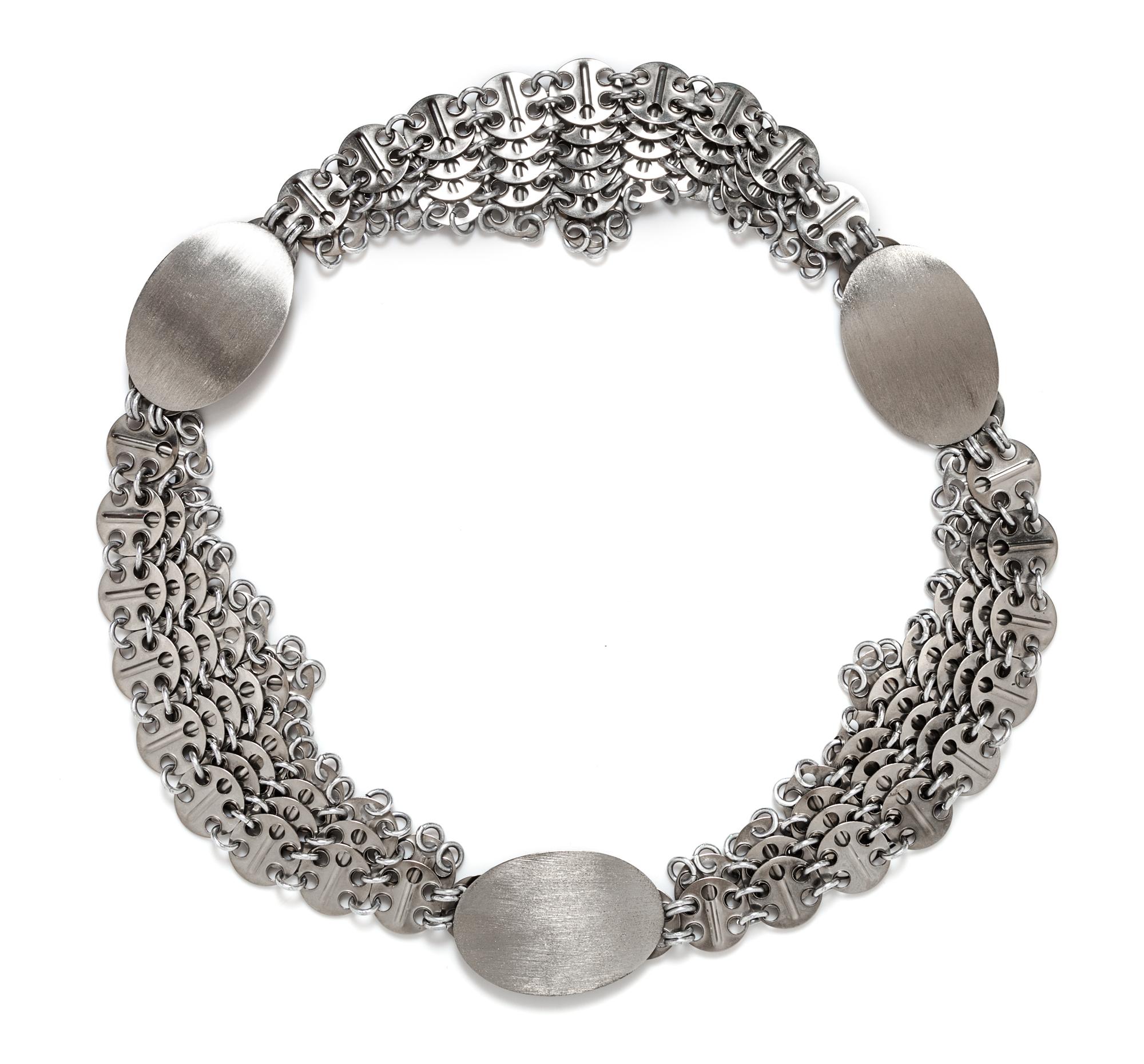 A Paco Rabanne Silvertone Chainmail Belt, 33.75" x 3.5".