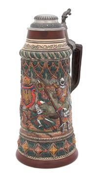 A Polychrome Stoneware Beer Stein with Pewter Lid — 20TH CENTURY
