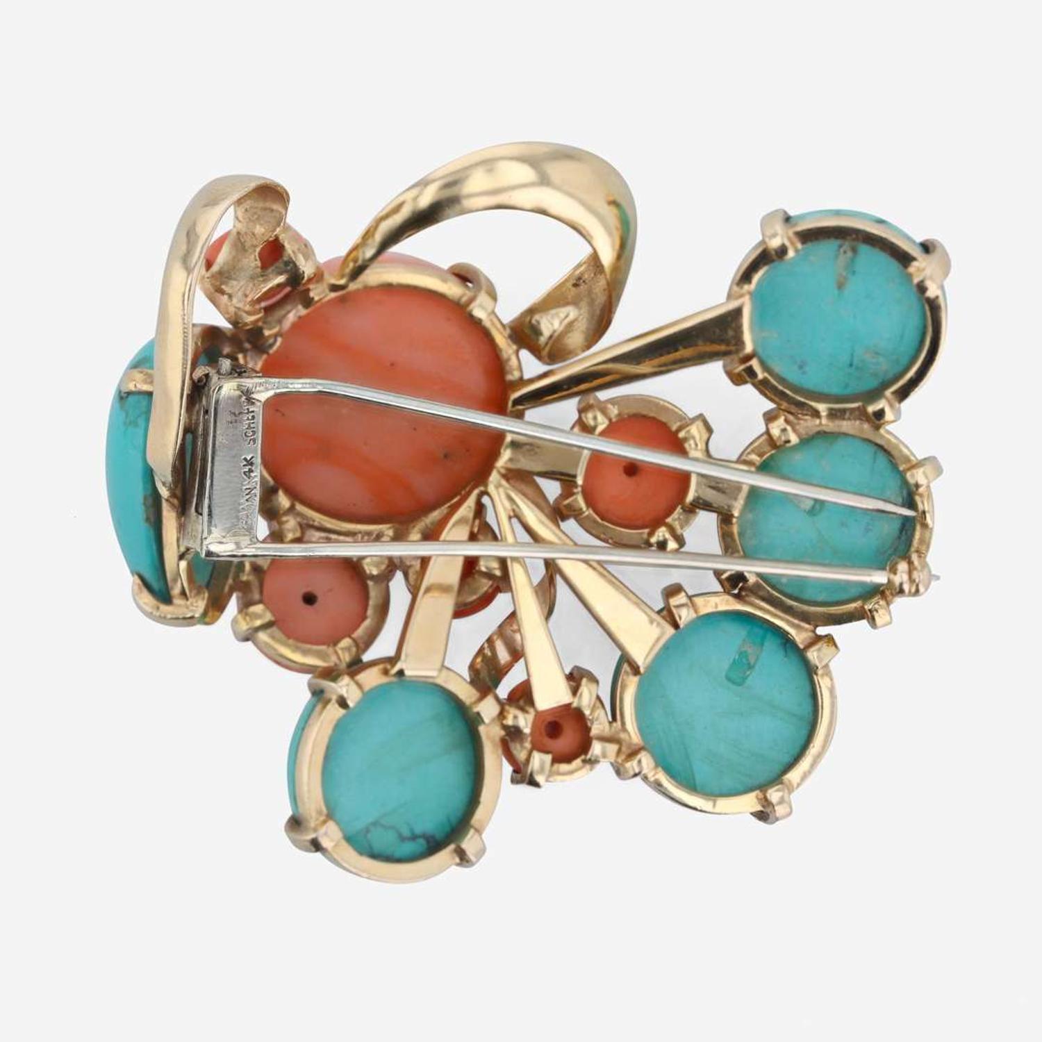 A 14K yellow gold, coral, and turquoise brooch Attrib: Seaman Schepps