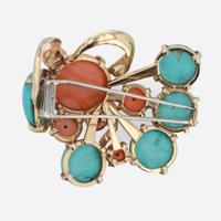A 14K yellow gold, coral, and turquoise brooch Attrib: Seaman Schepps