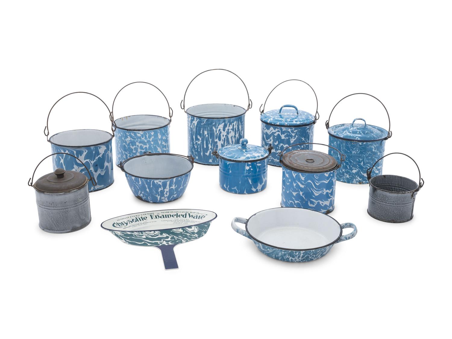 Ten Chrysolite Enameled Graniteware Pots and Pails