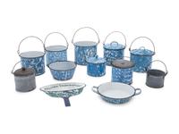 Ten Chrysolite Enameled Graniteware Pots and Pails
