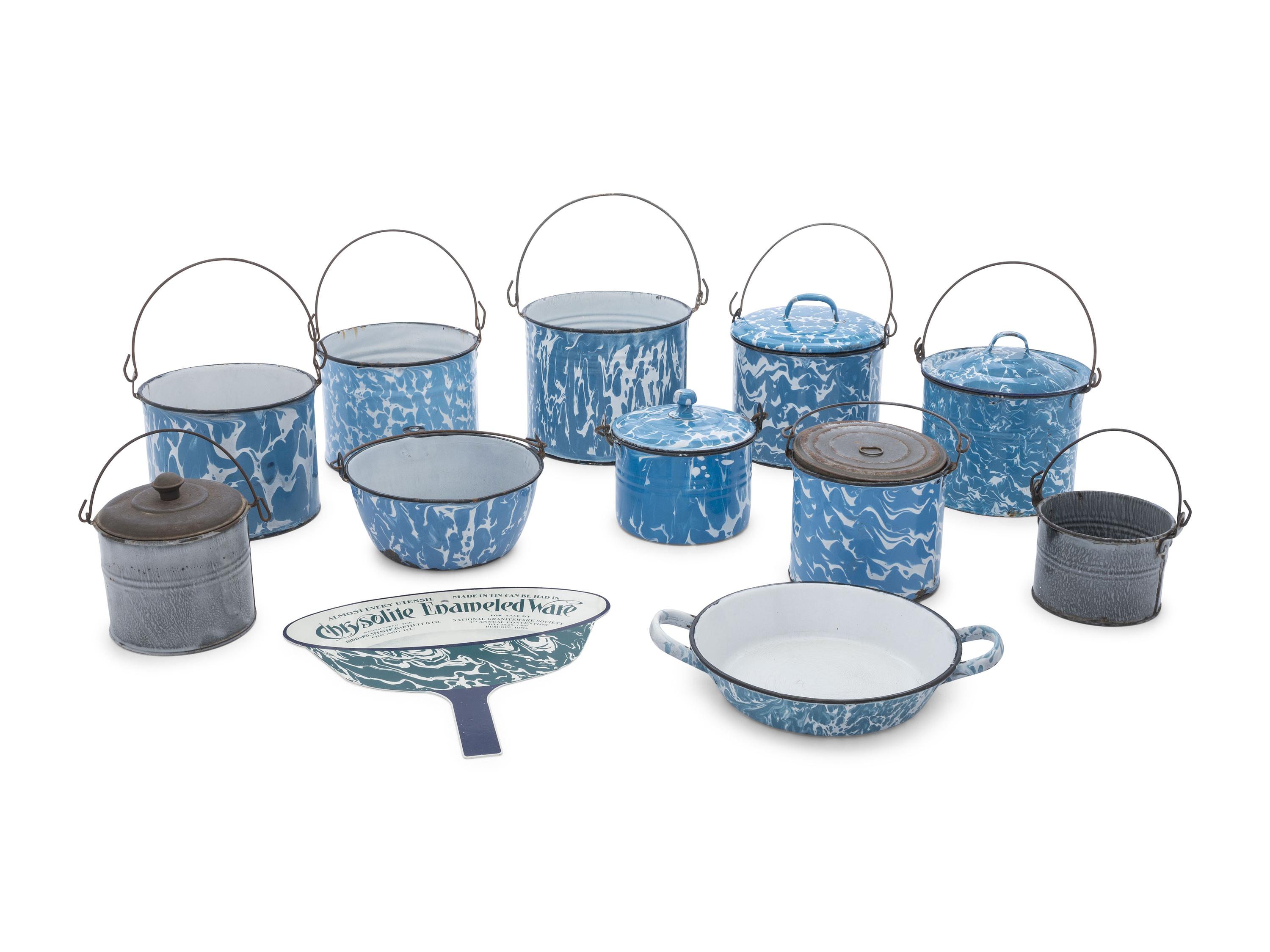 Ten Chrysolite Enameled Graniteware Pots and Pails