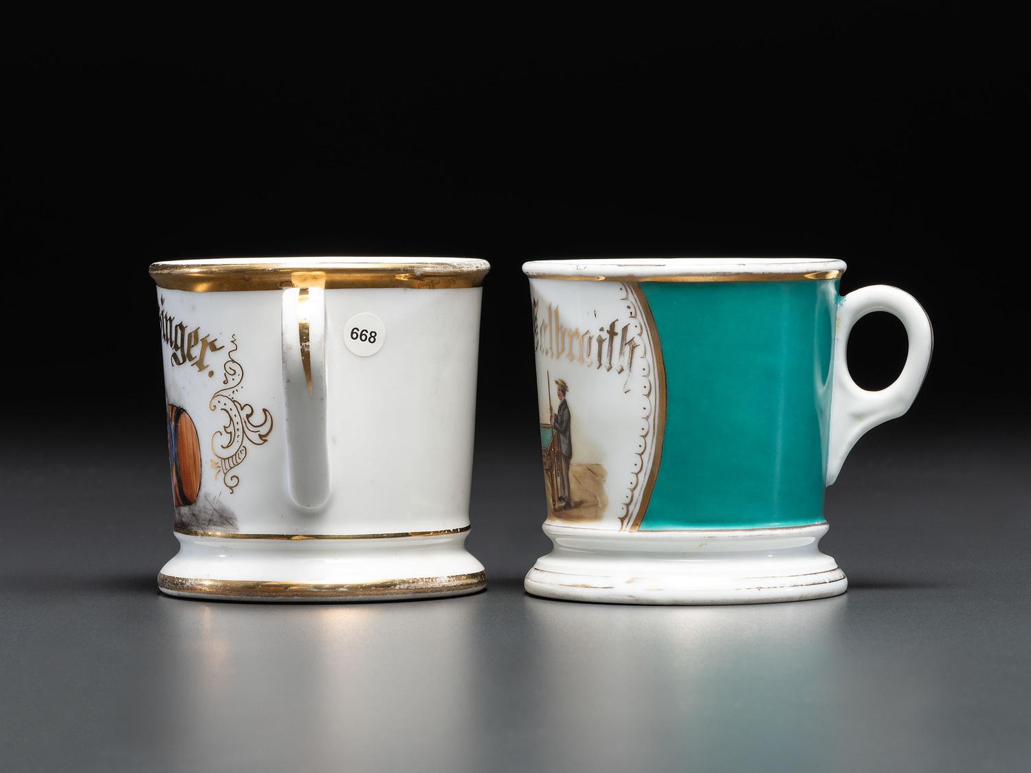 Two Porcelain Shaving Mugs of Recreational Interest