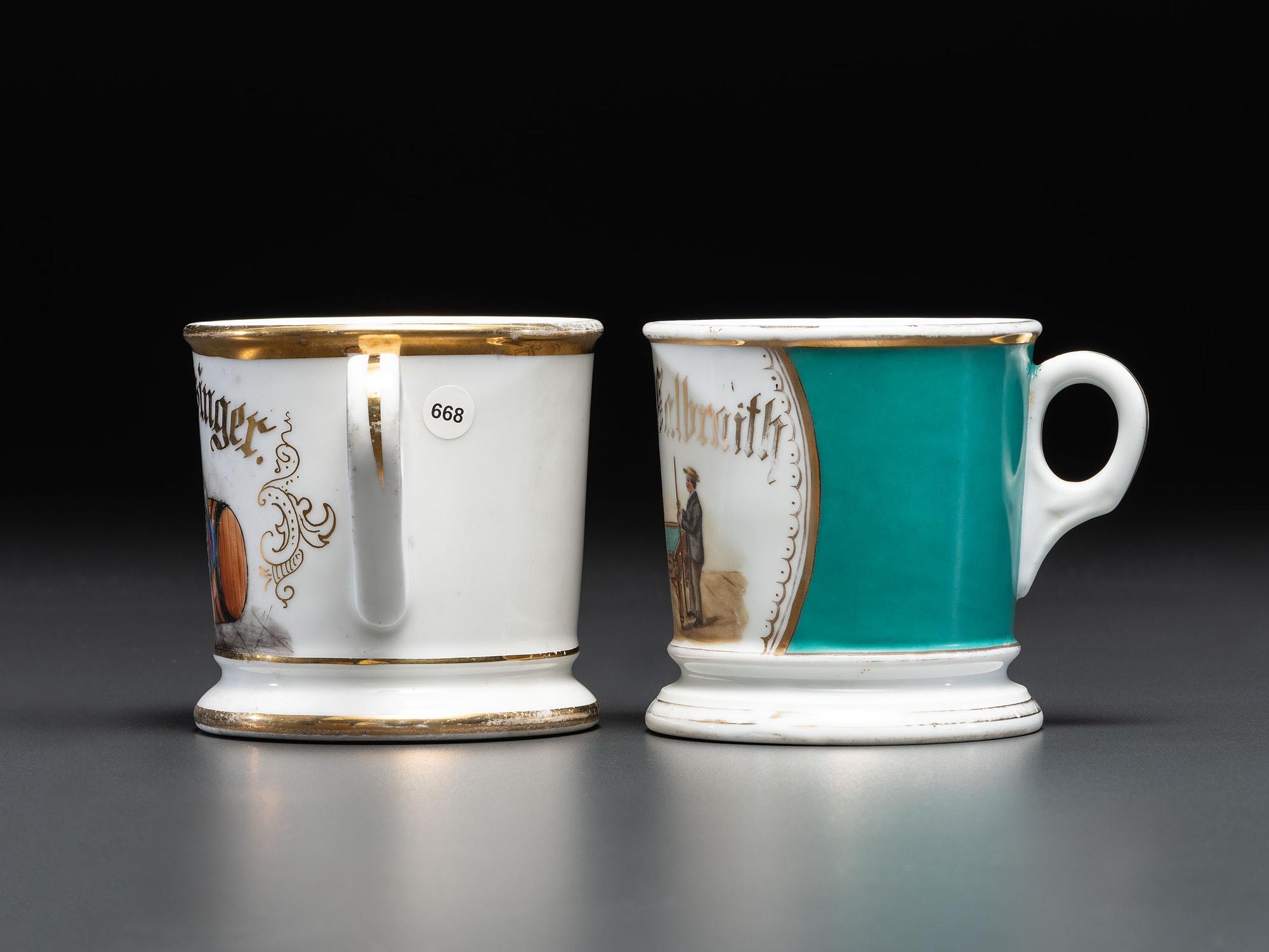 Two Porcelain Shaving Mugs of Recreational Interest