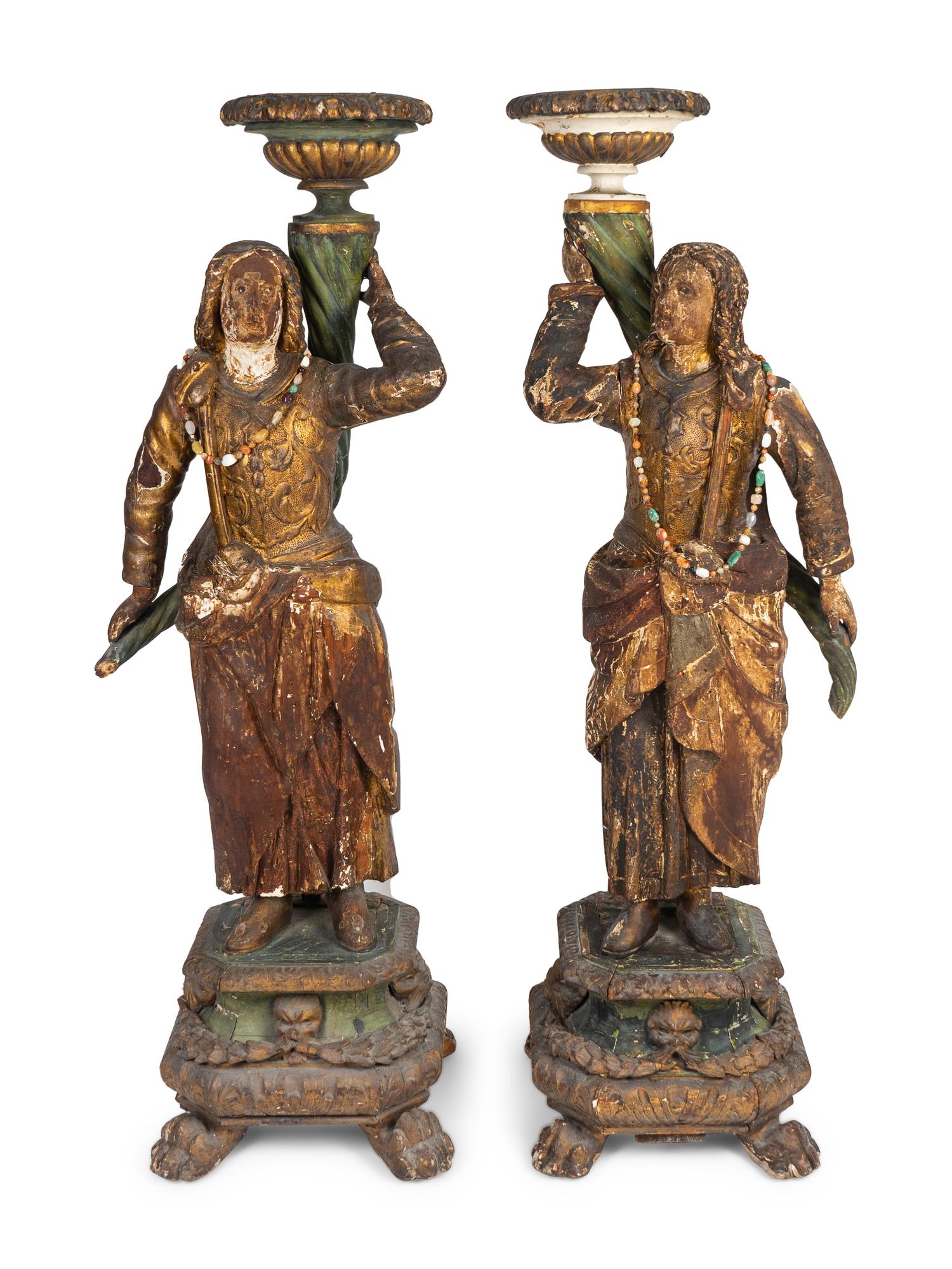 A Pair of Italian Baroque Parcel-Gilt and Polychromed Figures — 18TH CENTURY
