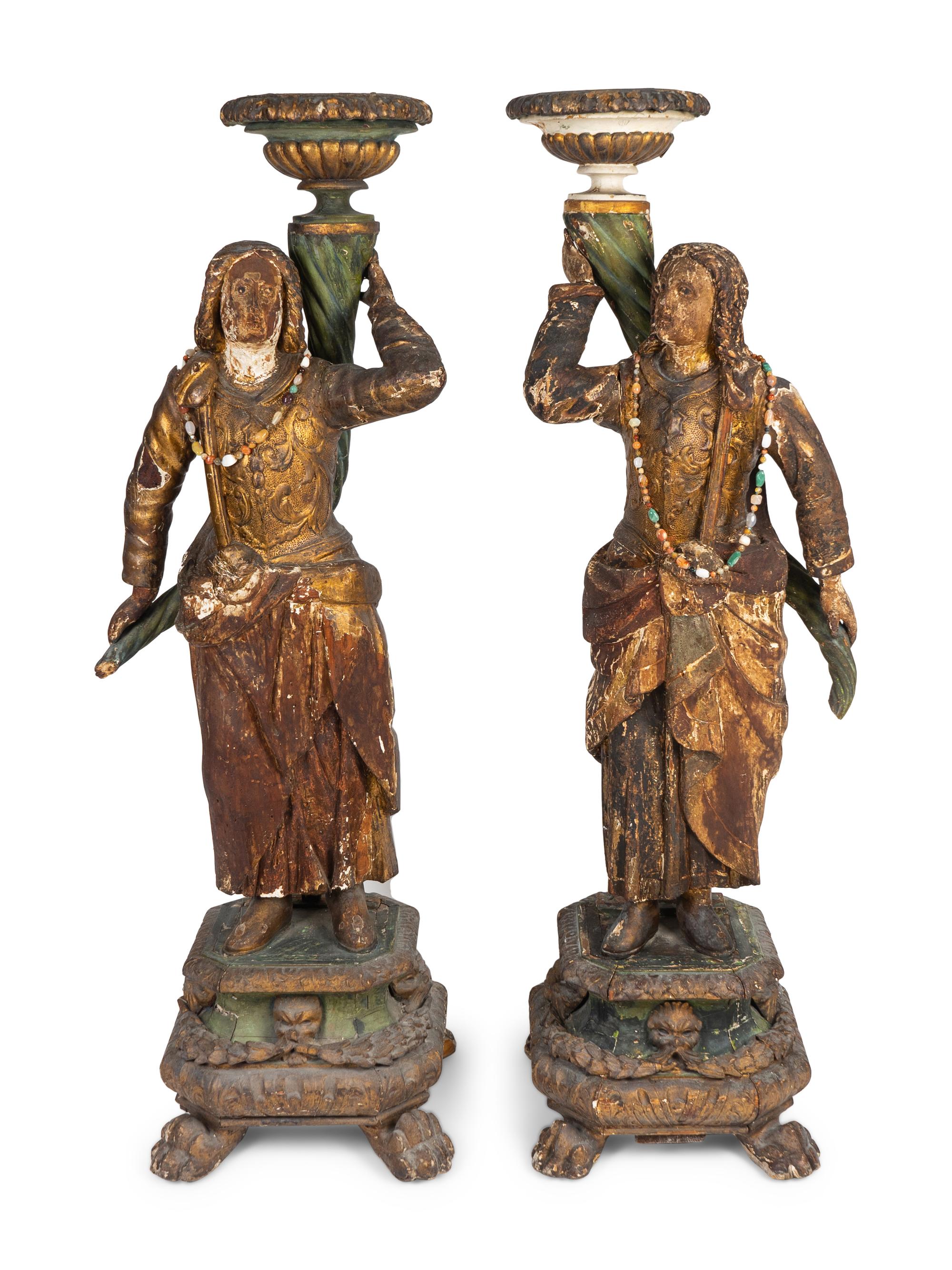 A Pair of Italian Baroque Parcel-Gilt and Polychromed Figures — 18TH CENTURY