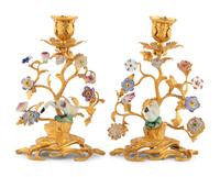A Pair of French Gilt Bronze and Porcelain Candlesticks