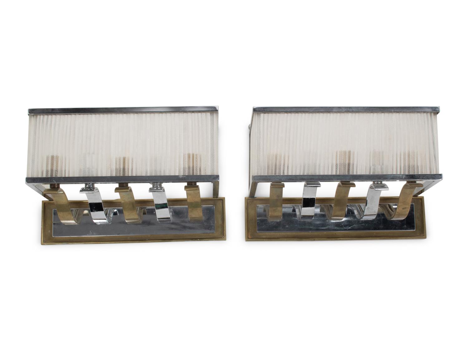 A Pair of French Chrome, Brass and Glass Five-Light Sconces