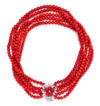 A White Gold, Diamond and Coral Torsade Necklace, 51.00 dwts.