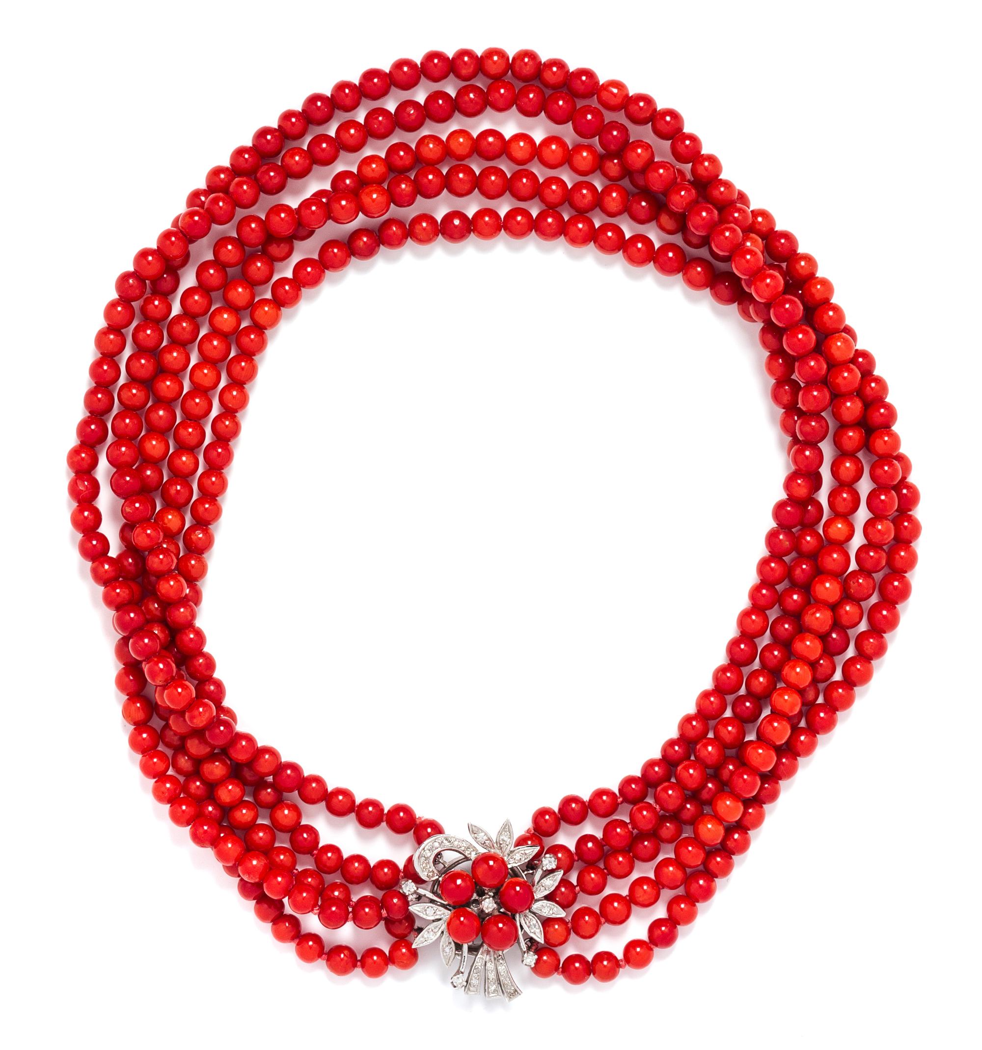 A White Gold, Diamond and Coral Torsade Necklace, 51.00 dwts.