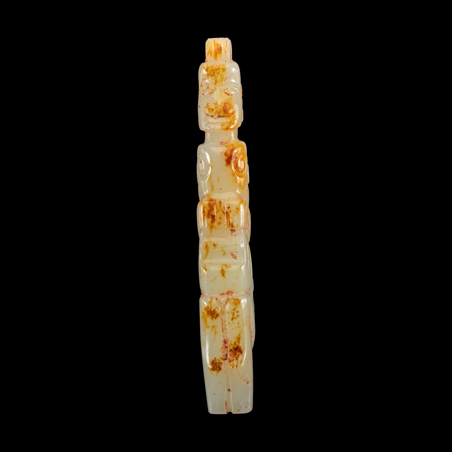 A Chinese Reticulated Jade Plaque and An Archaistic Jade Figure 青玉鏤雕龍鳳紋屏及仿古玉俑