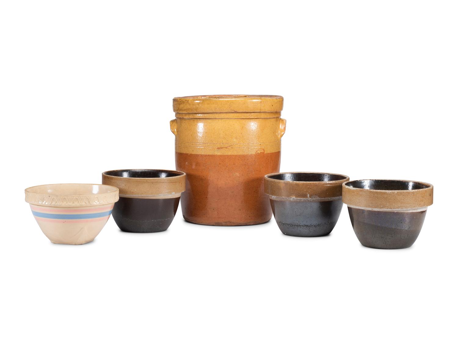 Seven Stoneware Vessels and a Six-Gallon Redware Crock