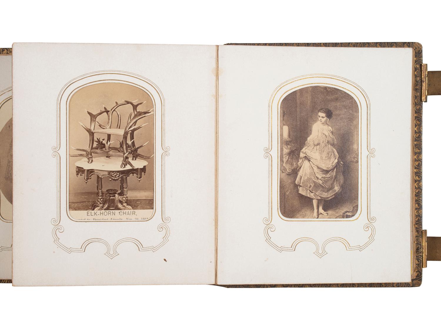 [EARLY PHOTO] CDV album incl. image of Lincoln's elk-horn chair, with photo of Buffalo Bill's boots