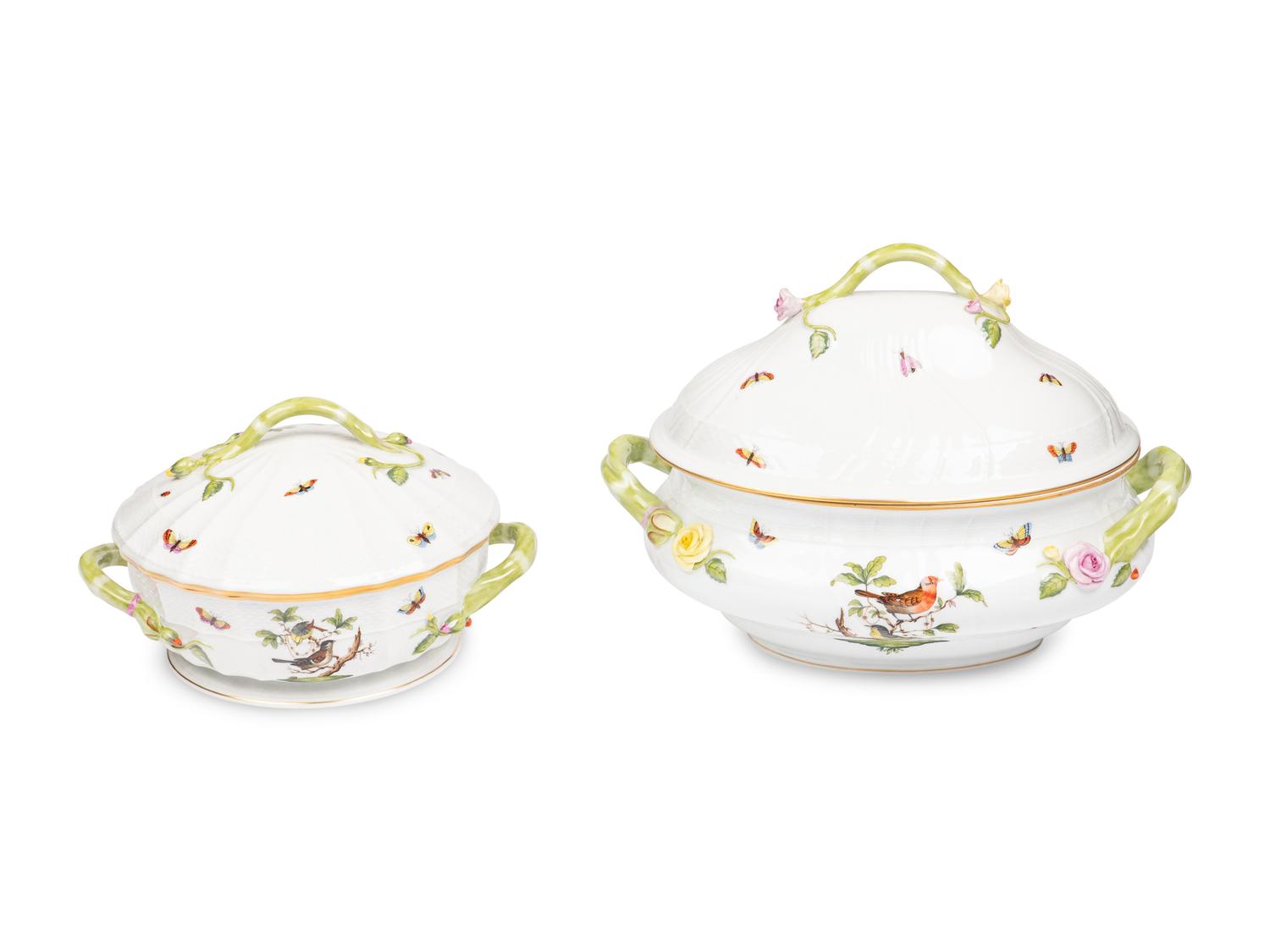 A Herend Rothschild Bird Porcelain Tureen and Covered Vegetable Dish