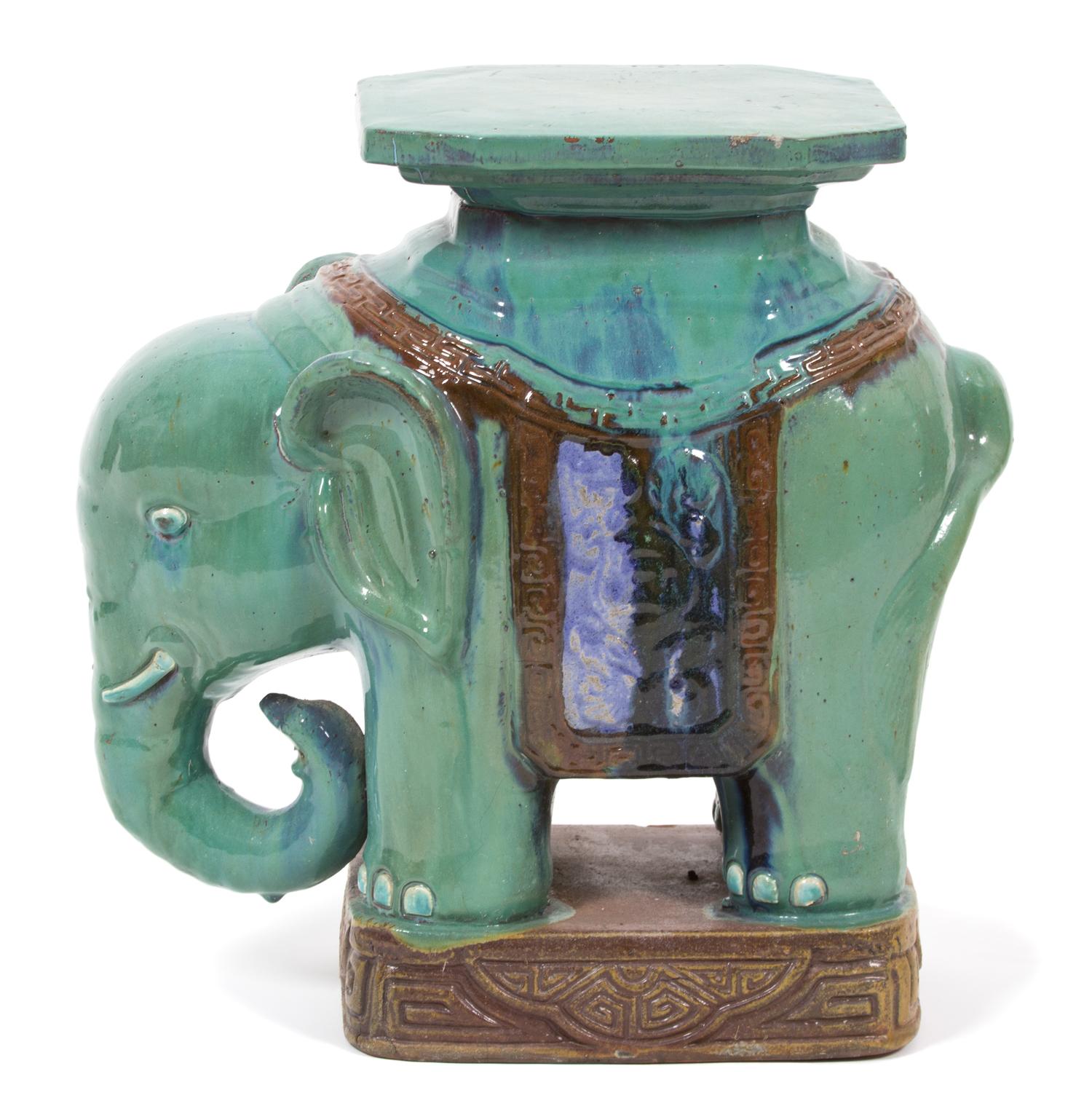 A Chinese Glazed Ceramic Elephant Pedestal Height 20 x width 17 x depth 10 inches.