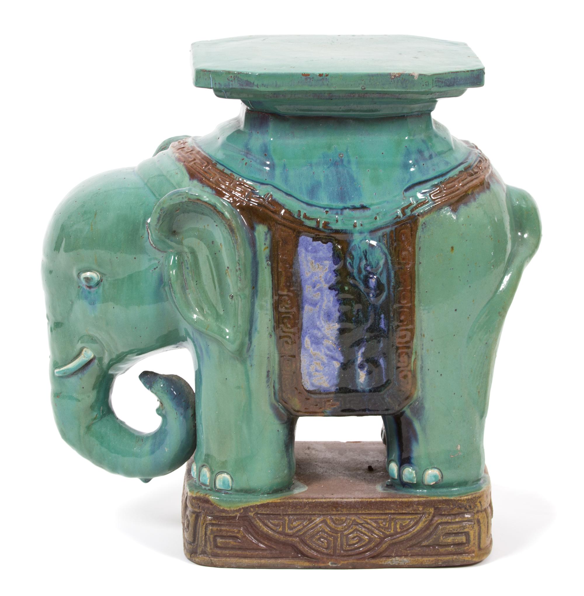 A Chinese Glazed Ceramic Elephant Pedestal Height 20 x width 17 x depth 10 inches.