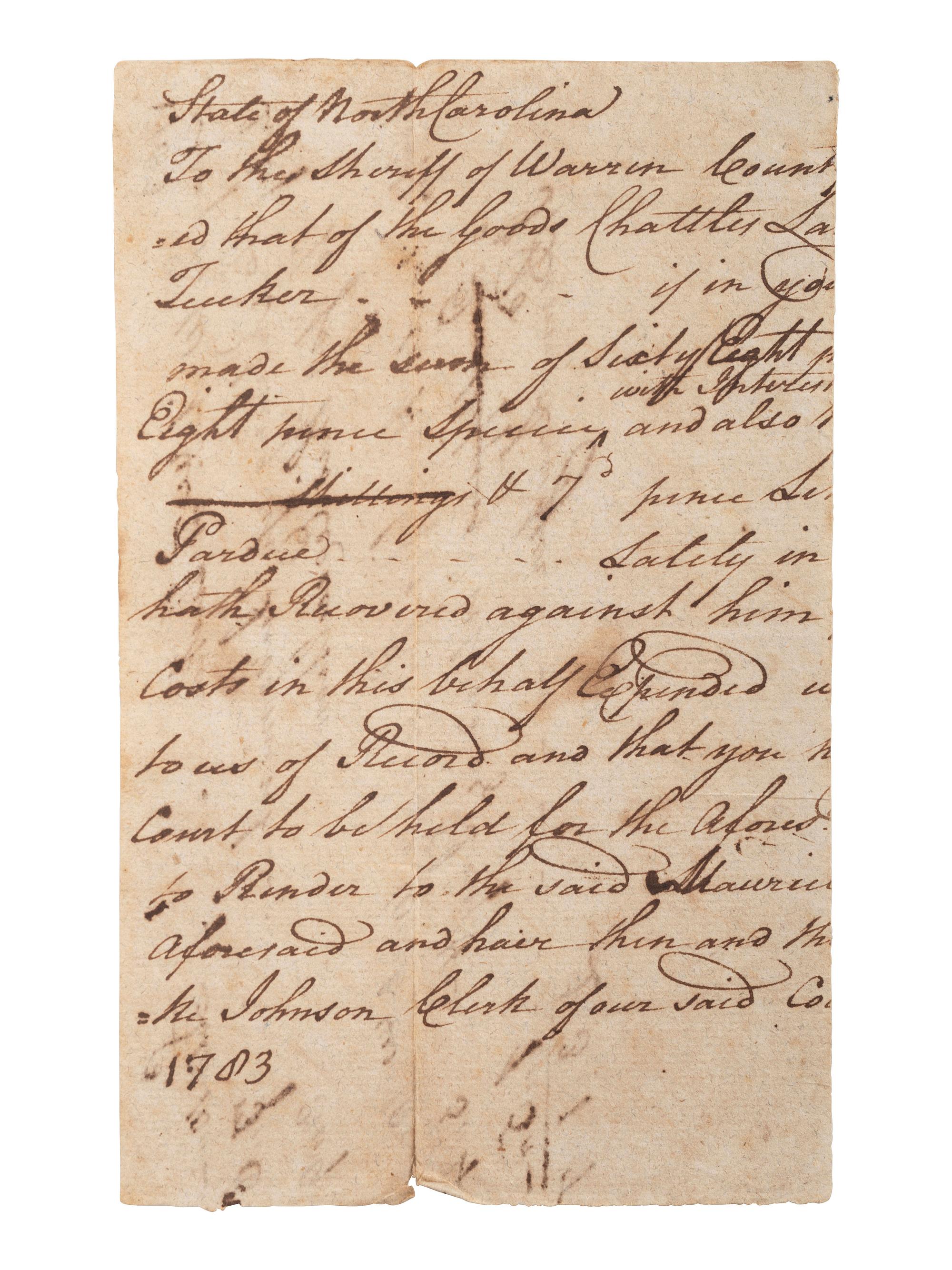 Autograph document signed ("J. Penn") by North Carolina Founding Father John Penn. 1783.